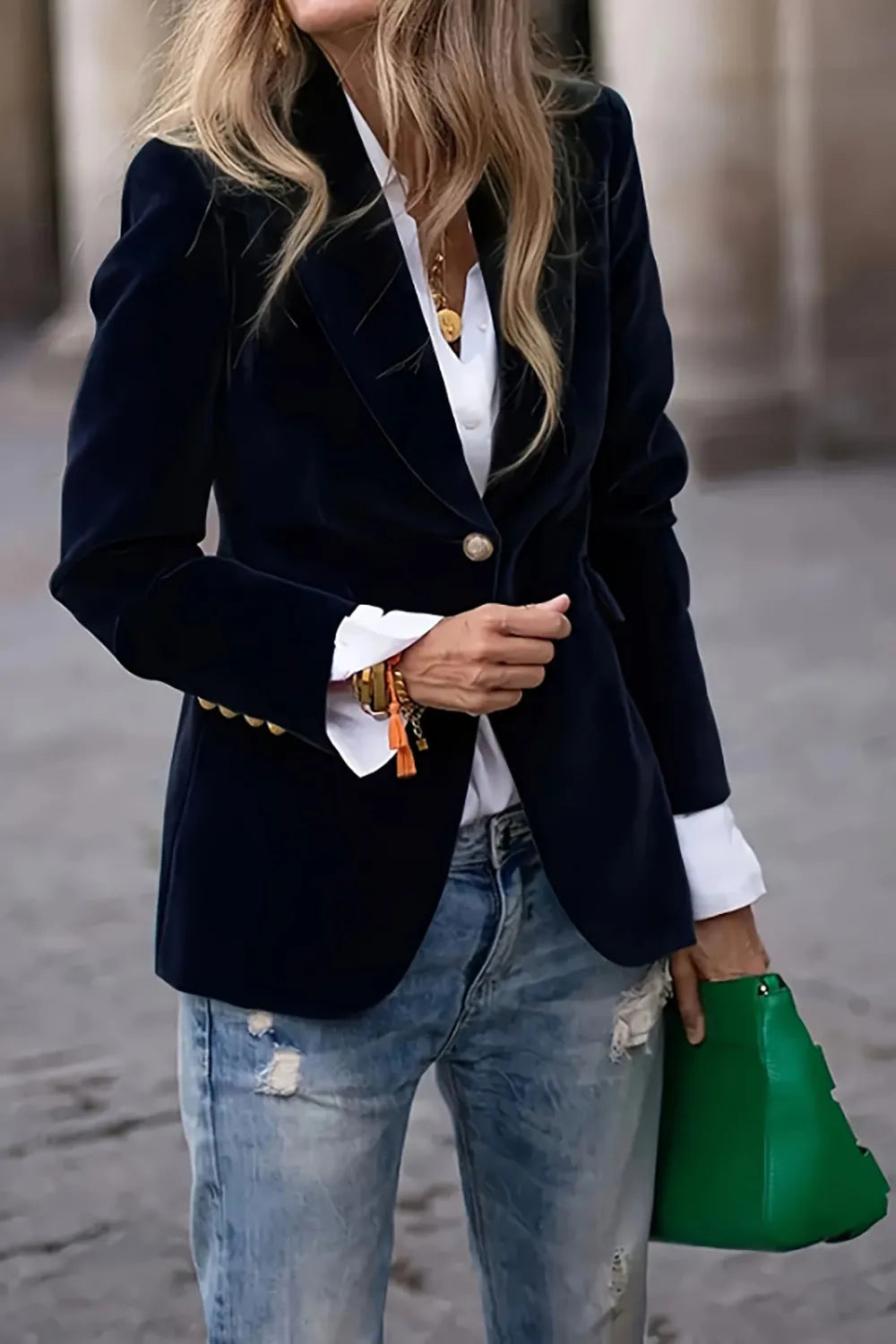 One Button Lapel Collar Long Sleeve Blazer.