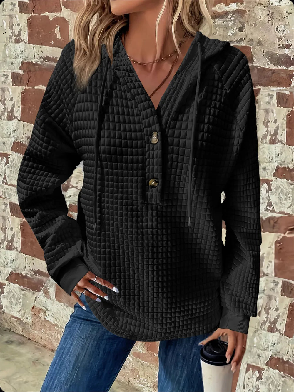 Full Size Texture Button Detail Drawstring Long Sleeve Hoodie.