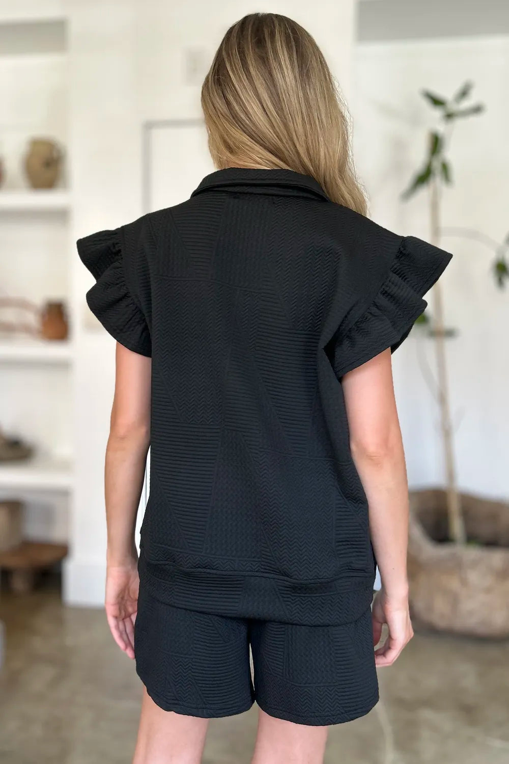 Double Take Full Size Texture Flounce Sleeve Top and Shorts Set.