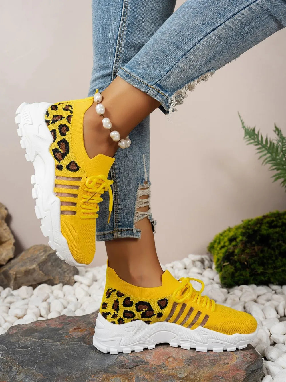 Cutout Leopard Lace Up Mesh Athletic.
