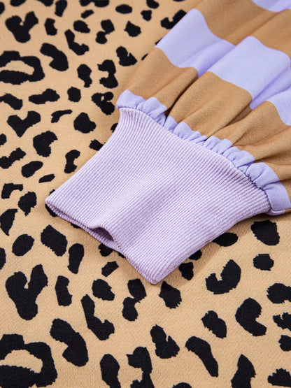 Stripe Color Block Patchwork Leopard Casual Sweatshirt with Slits.